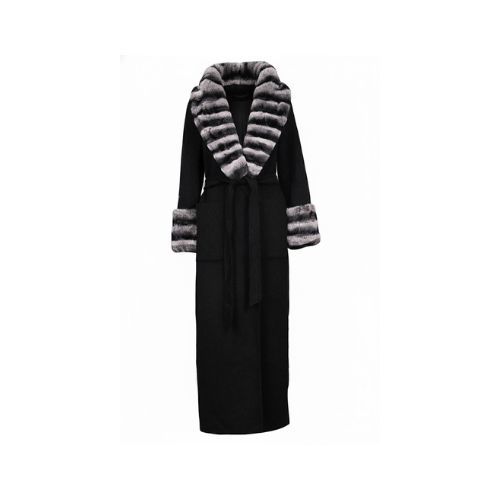 Cashmere Jacket With Wide Collar & Rex Rabbit Fur Styled Chinchilla Argentina -135cm-02222-Black