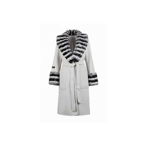 Cashmere Jacket With Wide Collar & Rex Rabbit Fur Styled Chinchilla Argentina -100cm-02244-Off White