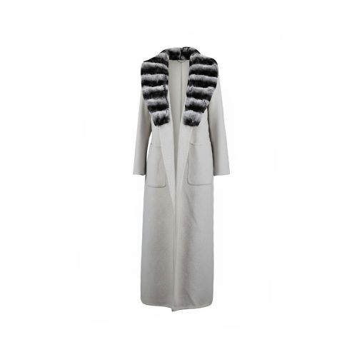 Cashmere Jacket W/ Rex Rabbit Fur Long Collar & And Styled Chinchilla Argentina 135cm-04466-OffWhite