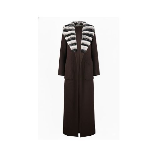 Cashmere Jacket W/ Rex Rabbit Fur Long Collar & And Styled Chinchilla Argentina 135cm-04466-Brown