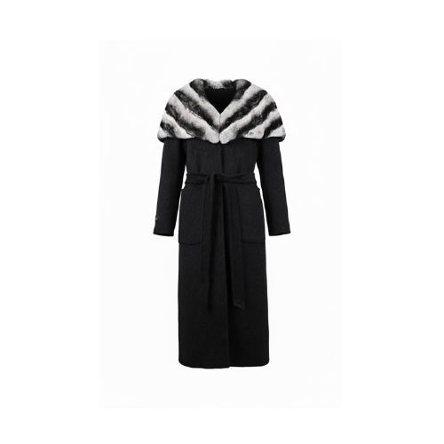 Cashmere Jacket With Rex Rabbit Fur Cape And Styled Chinchilla Argentina 115cm - 02299 - Black