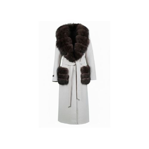Cashmere Jacket With Wide Collar Fox Fur With Pocket -115cm - 04499 - Off White