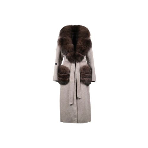 Cashmere Jacket With Wide Collar Fur Fox Fur With Pocket -115cm - 04499 - Beige