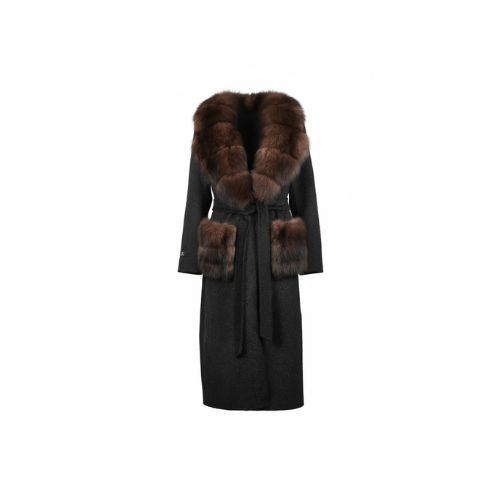 Cashmere Jacket With Wide Collar Fur Fox Fur With Pocket -115cm - 04499 - Black