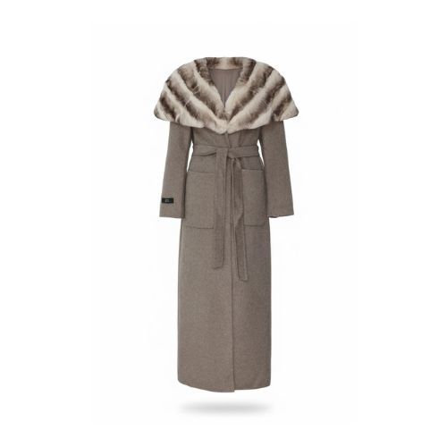 Cashmere Jacket With Rex Rabbit Fur Cape And Styled Chinchilla Argentina-135cm - 02288 - Beige