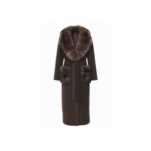 Cashmere Jacket With Wide Collar Fur Fox Fur With Pocket -115cm - 04499 - Brown