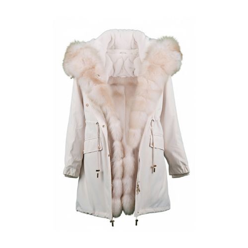 Raincoat Jacket Beige Fabric And Beige Fox Fur With Lining Rex Rabbit Fur - 90cm - 0301