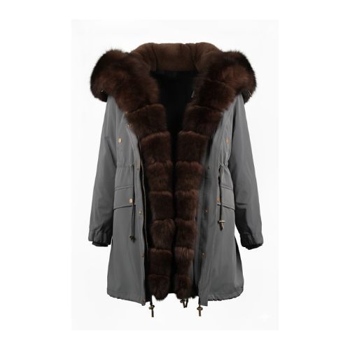 Raincoat Jacket Grey Fabric And Fox Fur Coffee With Lining Rex Rabbit Fur - 90cm - 0301