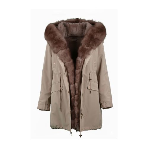 Raincoat Jacket Khaki Fabric And Fox Fur Light Coffee With Lining Rex Rabbit Fur - 90cm -0301