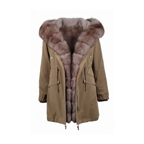 Raincoat Jacket Light Coffee Fabric And Fox Fur Light Coffee With Lining Rex Rabbit Fur -90cm-0301