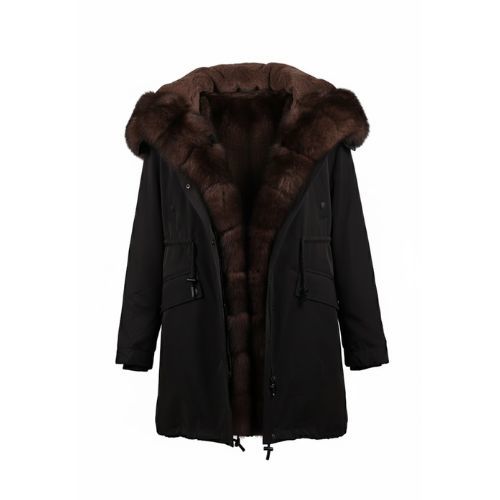Raincoat Jacket Black Fabric And Fox Fur Coffee With Lining Rex Rabbit Fur - 90cm - 0301