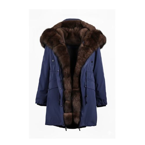 Raincoat Jacket Blue Fabric And Fox Fur Light Coffee With Lining Rex Rabbit Fur - 90cm - 0301