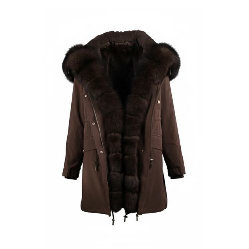 Raincoat Jacket Dark Coffee Fabric And Fox Fur Coffee With Lining Rex Rabbit Fur - 90cm -0301