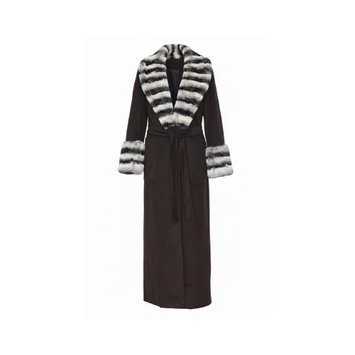 Cashmere Jacket With Wide Collar & Rex Rabbit Fur Styled Chinchilla Argentina -135cm-02222-Brown
