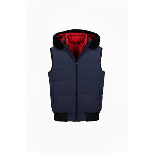 Raincoat Sports Vest with Cotton and Rex Rabbit Fur Hood -0128- Navy Blue with Red