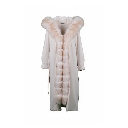 Raincoat Jacket Beige Fabric And Beige Fox Fur With Lining Rex Rabbit Fur - 120cm - 0302