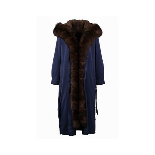 Raincoat Jacket Blue Fabric And Fox Fur Light Coffee With Lining Rex Rabbit Fur - 120cm -0302