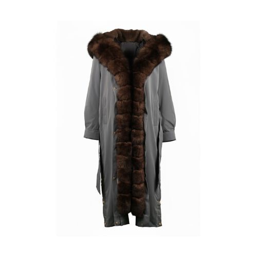 Raincoat Jacket Grey Fabric And Fox Fur Coffee With Lining Rex Rabbit Fur - 120cm - 0302