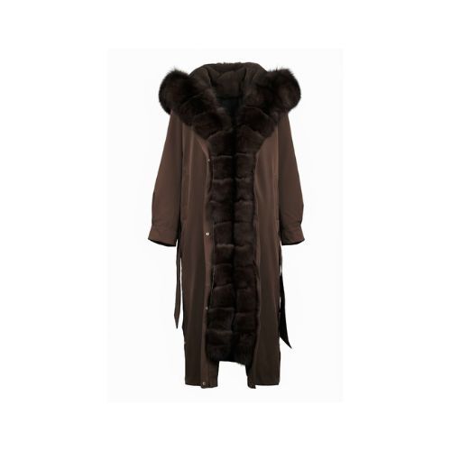 Raincoat Jacket Dark Coffee Fabric And Fox Fur Coffee With Lining Rex Rabbit Fur - 120cm - 0302
