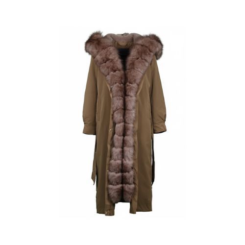 Raincoat Jacket Khaki Fabric And Fox Fur Light Coffee With Lining Rex Rabbit Fur - 120cm - 0302
