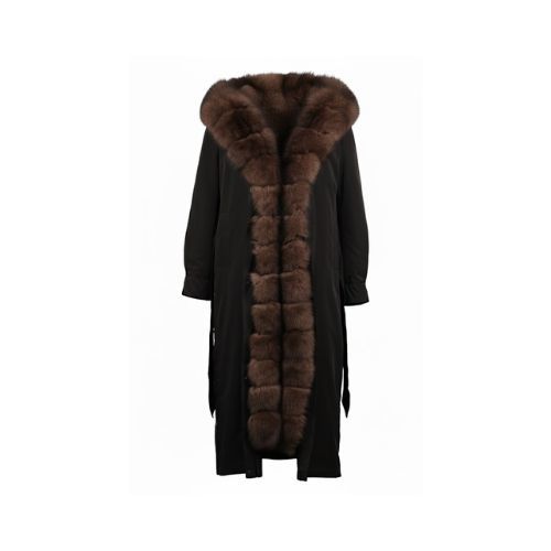 Raincoat Jacket Black Fabric And Fox Fur Coffee With Lining Rex Rabbit Fur - 120cm - 0302