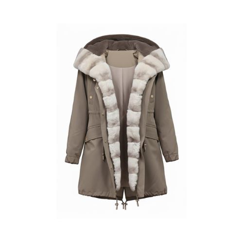 Raincoat Camel Fabric W/ Collar & Beige Lining Rex Rabbit Fur Styled Chinchilla Argentina 90cm-0303