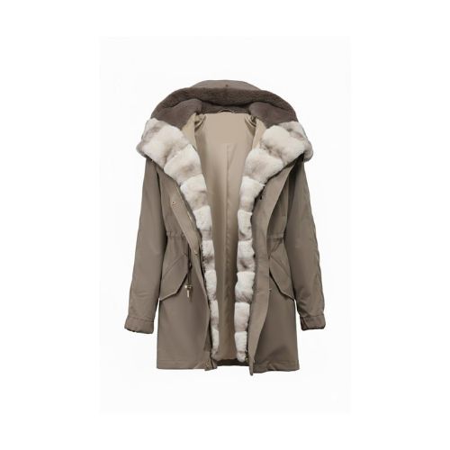 Raincoat Camel Fabric W/ Collar & Beige Lining Rex Rabbit Fur Styled Chinchilla Argentina 80cm-0303