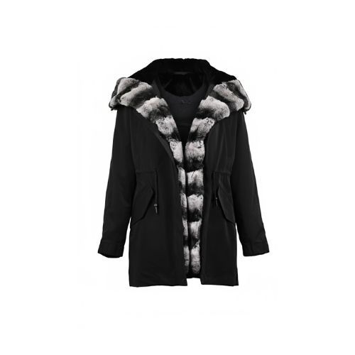 Raincoat Black Fabric W/ Collar & Lining Rex Rabbit Fur Styled Chinchilla Argentina 80cm-0303