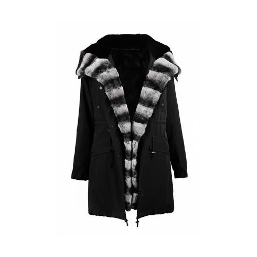 Raincoat Black Fabric W/ Collar & Lining Rex Rabbit Fur Styled Chinchilla Argentina 90cm-0303