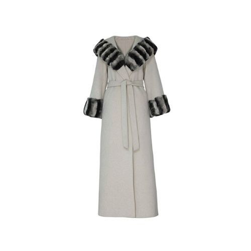 Cashmere Jacket With Hood & Rex Rabbit Fur Styled Chinchilla Argentina -135cm-02266-Off White