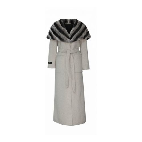 Cashmere Jacket With Rex Rabbit Fur Cape And Styled Chinchilla Argentina-135cm - 02288 - Off White