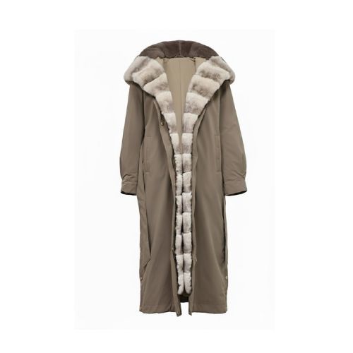 Raincoat Camel Fabric W/ Collar & Beige Lining Rex Rabbit Fur Styled Chinchilla Argentina 120cm-0303