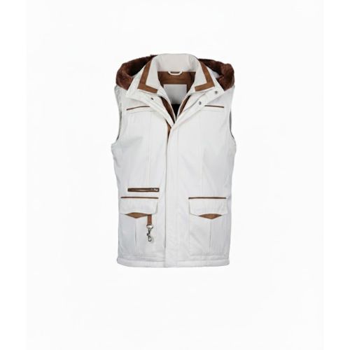 Raincoat Vest with Cotton and Rex Rabbit Fur Hood - 0128AB - White