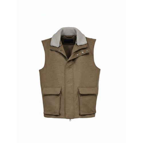 Fabric Vest with Cotton Lining and Fur Rex Rabbit with High Neck-0125- Dark Camel