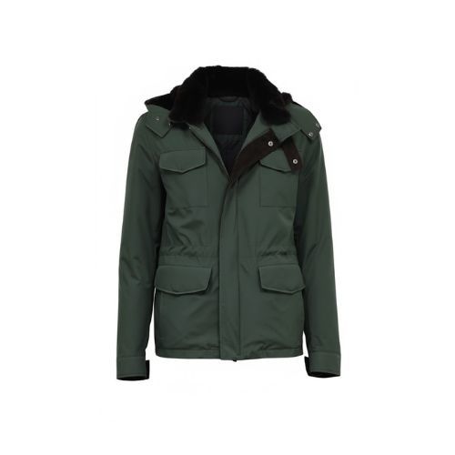 Raincoat Jacket With Fur Rex Rabbit, Lining and Hood - 0119 - Navy Green
