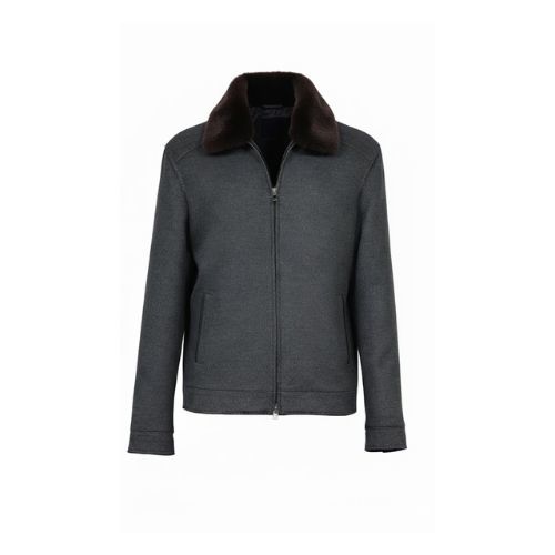 Fabric Jacket With Cotton Lining, Pocket Stich And Rex Rabbit Fur -0108- Dark Gray