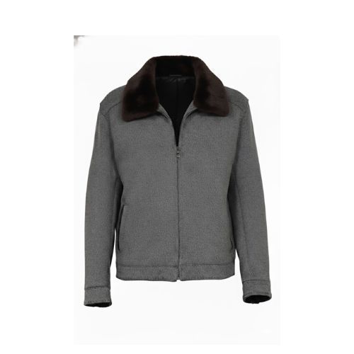 Fabric Jacket With Cotton Lining, Pocket Stich And Rex Rabbit Fur -0108- Gray