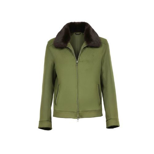 Fabric Jacket With Cotton Lining, Pocket Stich And Rex Rabbit Fur -0108- Green