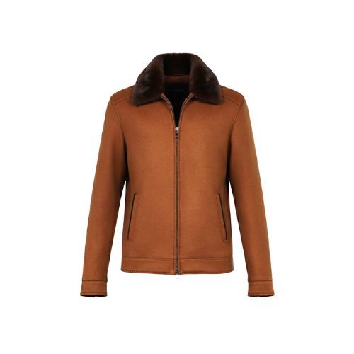 Fabric Jacket With Cotton Lining, Pocket Stich And Rex Rabbit Fur -0108-  Camel