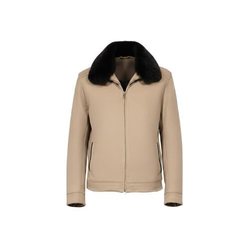 Fabric Jacket With Cotton Lining, Pocket Stich And Rex Rabbit Fur -0108-  Beige