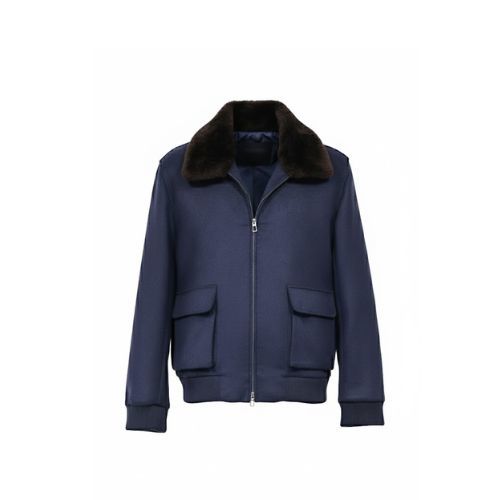 Fabric Sports Jacket With Cotton Lining and Rex Rabbit Fur--0107- Dark Blue