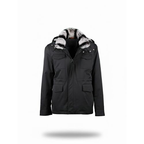 Raincoat Jacket With Fur Rex Rabbit, Lining and Hood - 0013 - Black/White