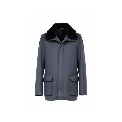 Fabric Jacket  With Cotton  Lining And High Neck With Rex Rabbit -0103- Dark Gray