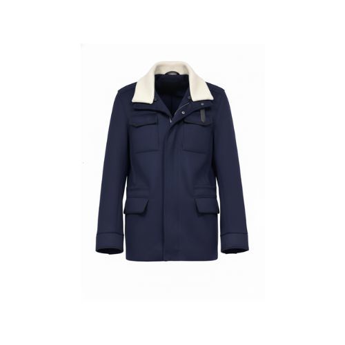Fabric Jacket  With Cotton  Lining And High Neck -0104-  Dark Blue