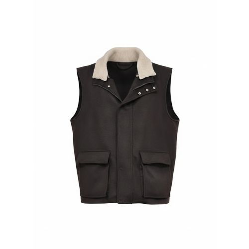 Fabric Vest with Cotton Lining and Fur Rex Rabbit with High Neck-0125- Brown