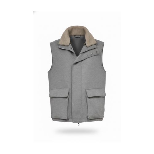 Fabric Vest with Cotton Lining and Fur Rex Rabbit with High Neck-0125- Light Gray