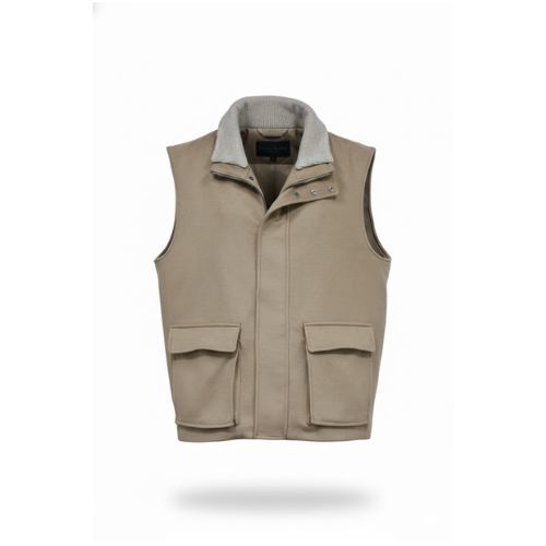 Fabric Vest with Cotton Lining and Fur Rex Rabbit with High Neck-0125- Camel