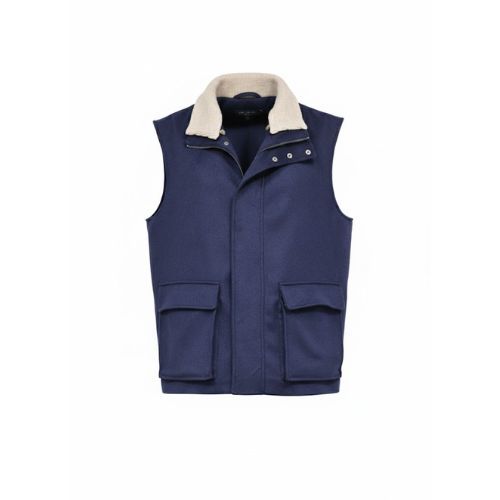 Fabric Vest with Cotton Lining and Fur Rex Rabbit with High Neck-0125- Navy Blue
