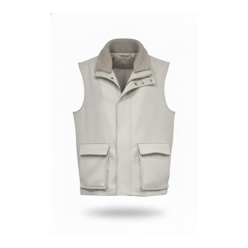 Fabric Vest with Cotton Lining and Fur Rex Rabbit with High Neck-0125- Beige