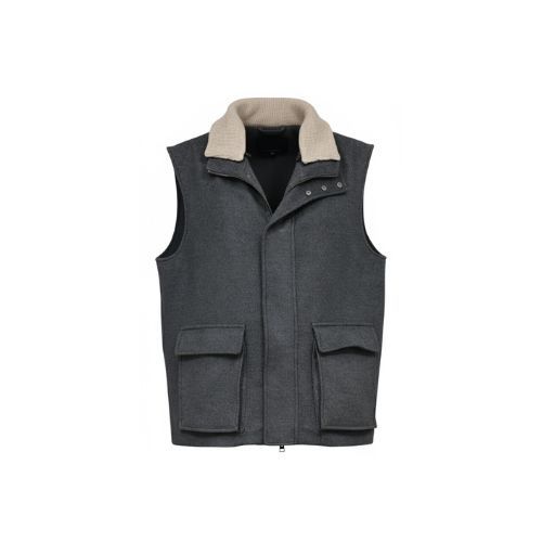 Fabric Vest with Cotton Lining and Fur Rex Rabbit with High Neck-0125- Dark Gray